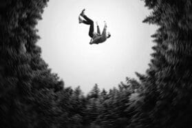 man falling through trees