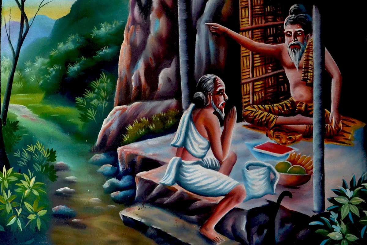 painting of man sitting at the feet of holy man