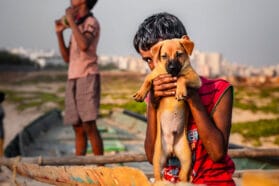 boy holding a puppy